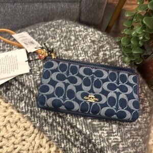 Coach Blue Patterned Wallet with Gold Emblem